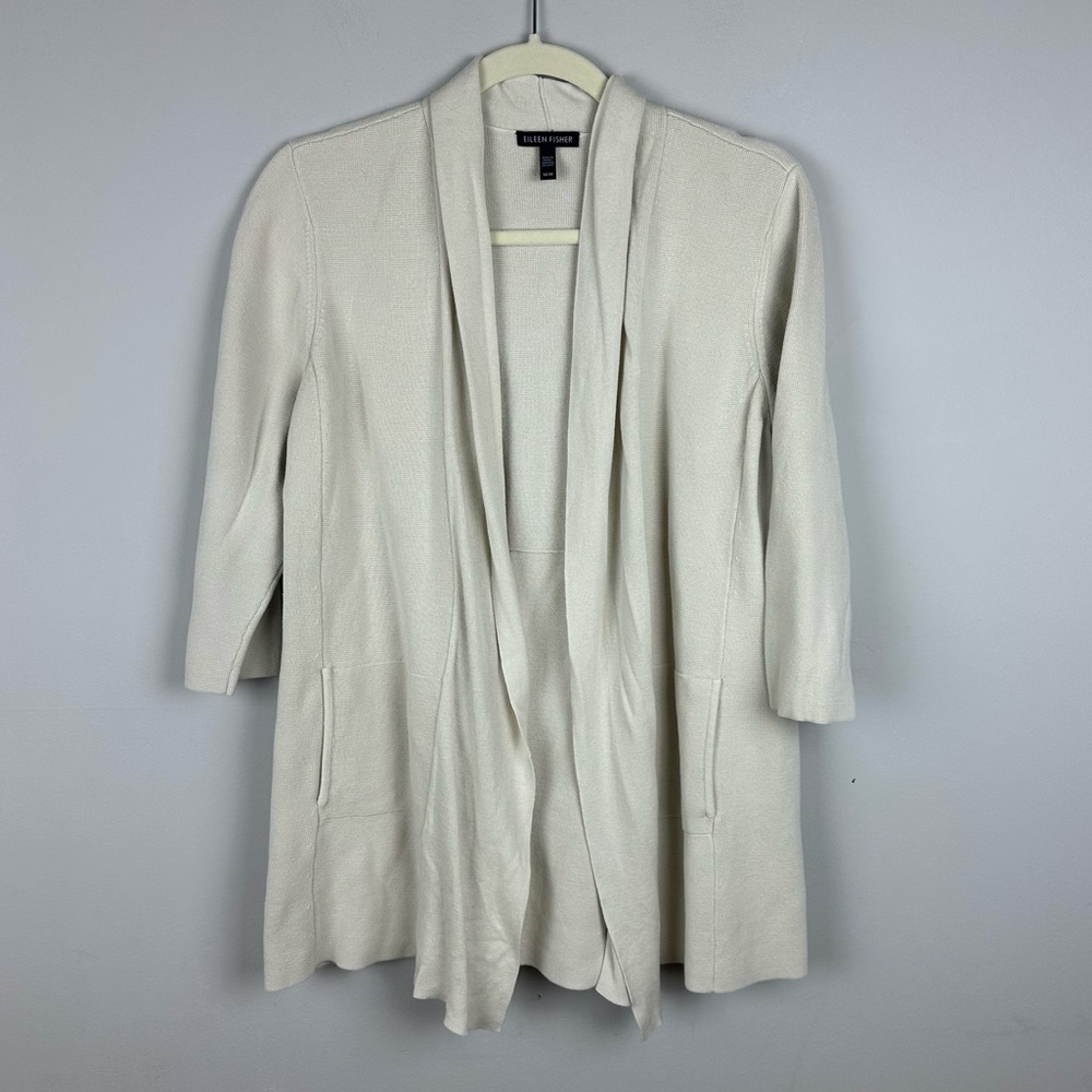 Eileen Fisher Silk & Organic Cotton Cardigan Size M – Light Cream Open Front